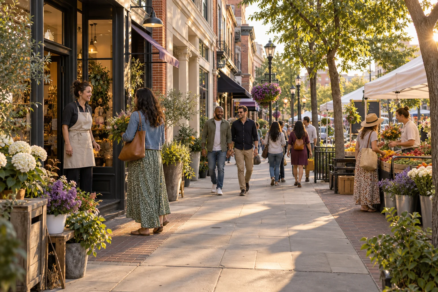 People visiting local businesses and a neighborhood street market
