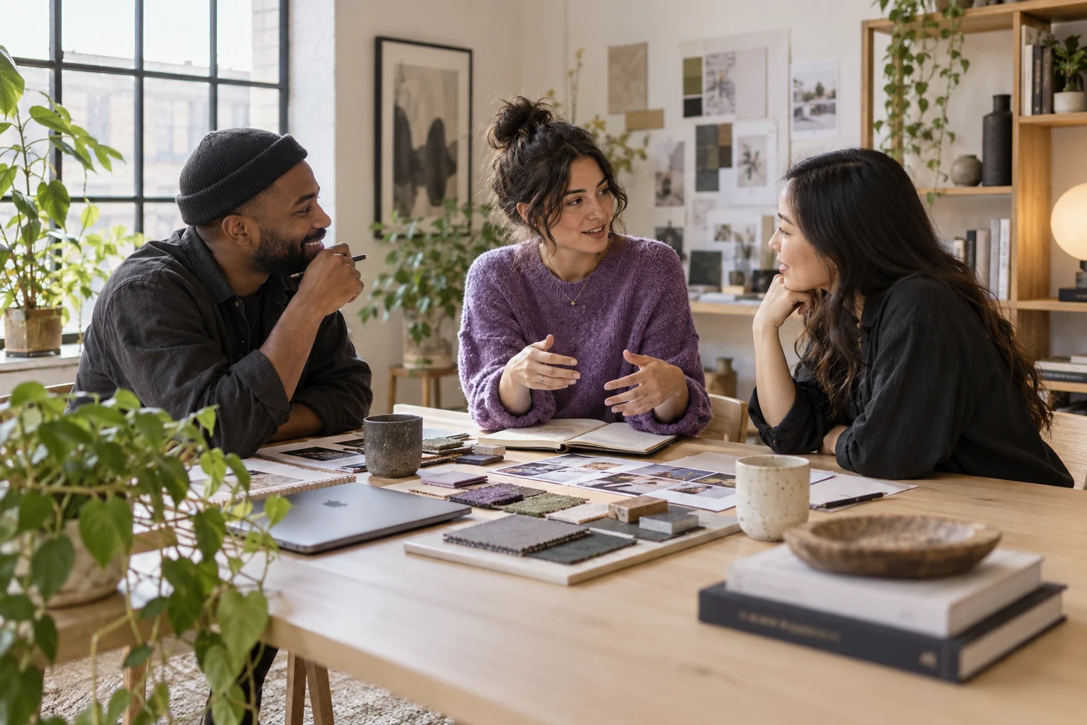 A small team discussing a project around a studio table